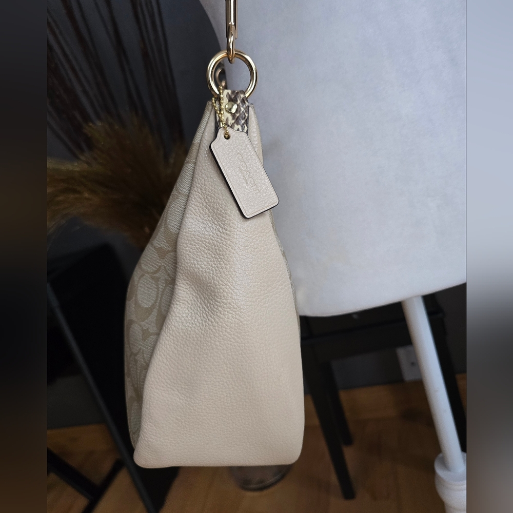Coach Jules Hobo Pebble & Snake-Embossed Leather Bag Light Khaki/Ivory C91 - Picture 5 of 14